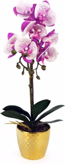 Artificial Real Touch Orchid in a Round Decorative Pot, Purple, White and Gold, Height: 50 cm