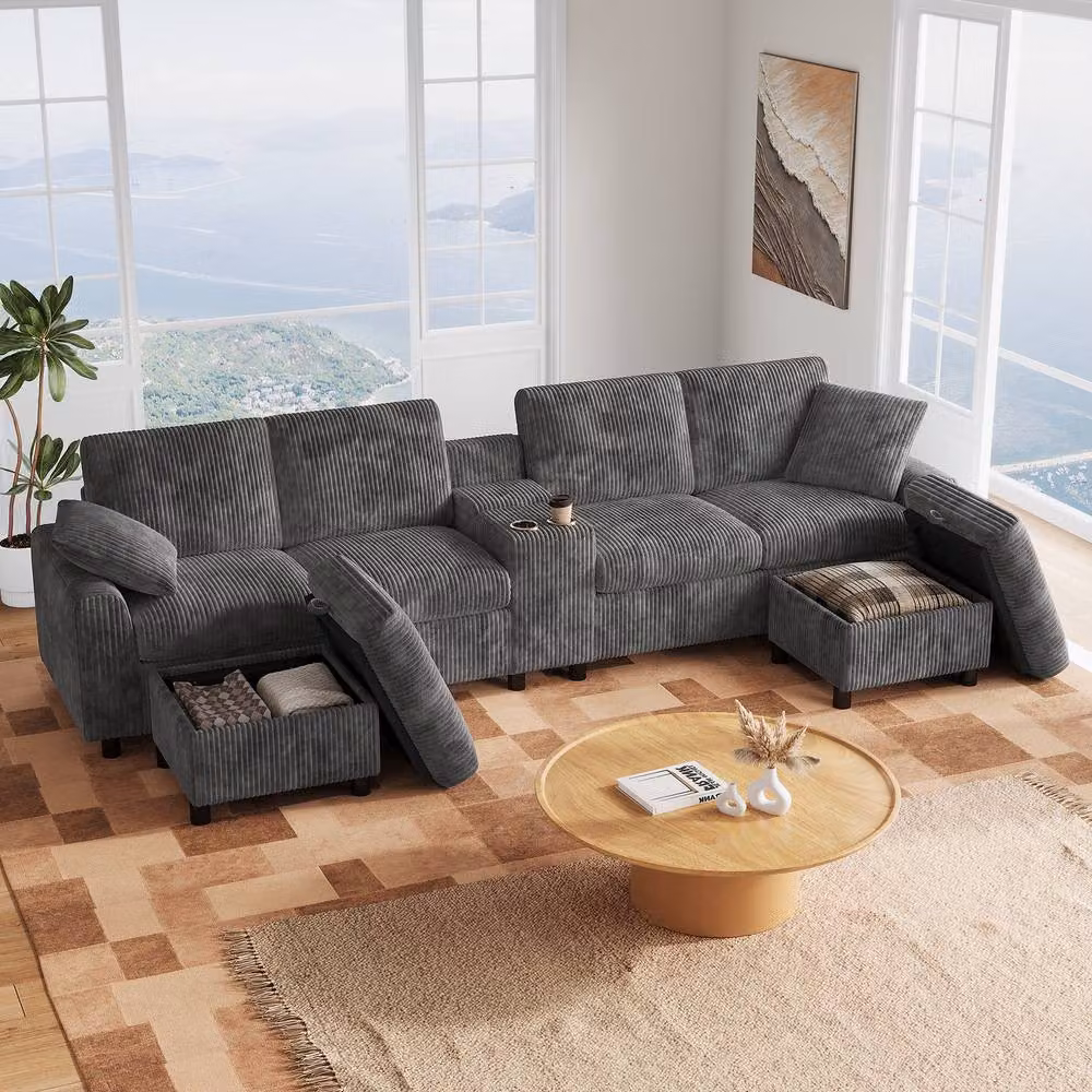 BTM U-Shaped Sectional Ottoman Storage Sofa in Grey with USB Charging Ports and Cup Holders – 2