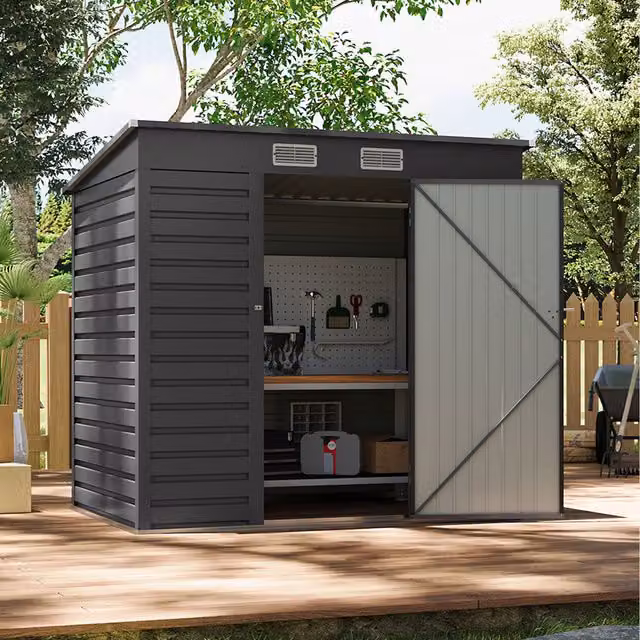Livingandhome Pent Metal Garden Shed in Anthracite Black with Lockable Door and Side Vent