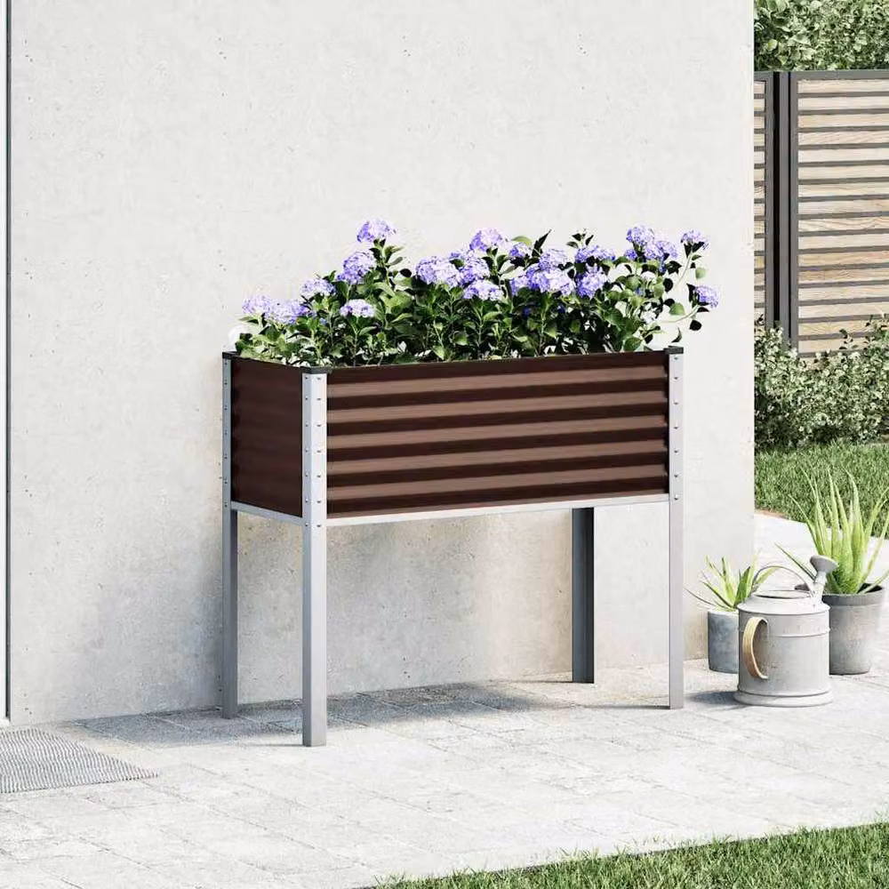 Berkfield Home Brown Steel Garden Planter Tub, W: 100 cm, D: 41 cm, H: 90 cm – 3
