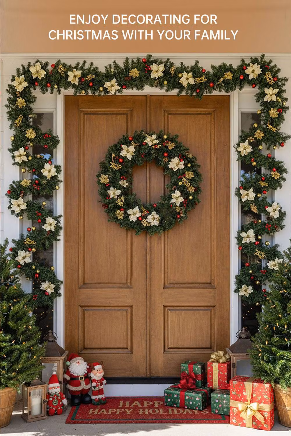Living and Home 2.7m Christmas Garland with Poinsettia and Gold Merry Christmas Sign in Green, Red and Gold – 2