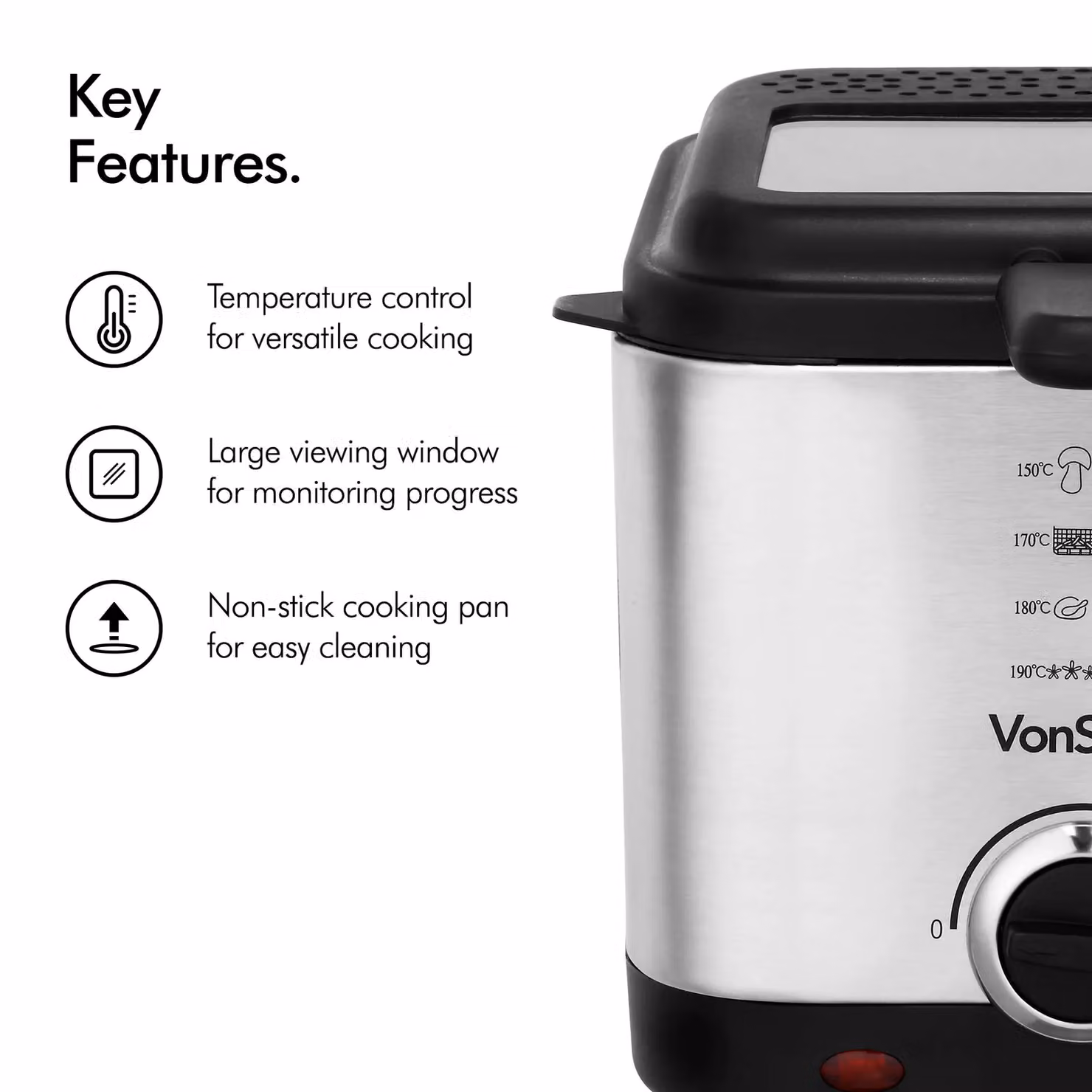 VonShef Stainless Steel Deep Fat Fryer with Adjustable Temperature Control and Non-Stick Removable Basket, Silver, 1.5 l – 6