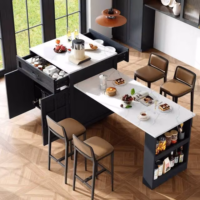 BTM Extendable Bar Table with Two Drawers and Side Shelves in Black – 1