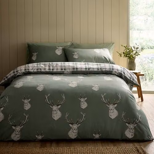 Catherine Lansfield Stag Check Reversible Duvet Cover and Pillowcase Set, Green, Duvet Cover: 200 x 200 cm, Pillowcases: 50 x 75 cm