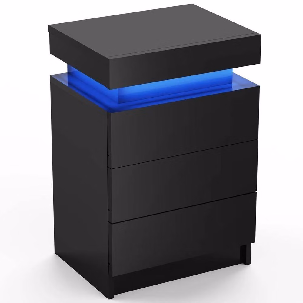 FORGEVIO Glossy Black Bedside Table with Integrated RGB LED Lighting – 4