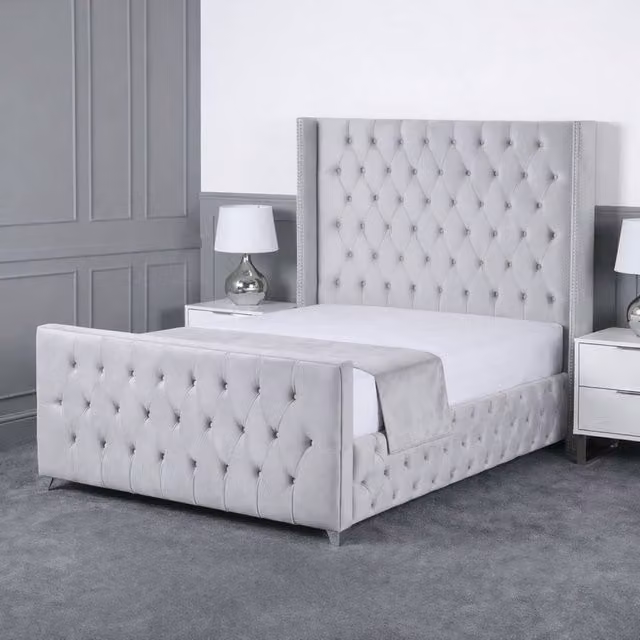 Living Comfort Bedz Executive Luxe Silver Velvet Upholstered Gas Lift Storage Bed with 48 Inch Headboard, Size: Small Double (W: 120 cm, L: 200 cm)