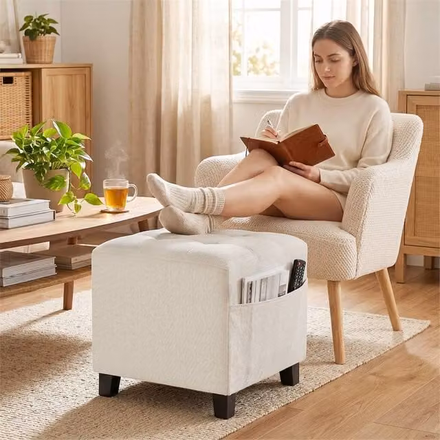 EONLION Beige Square Fabric Footstool with Side Pocket, W: 100 cm