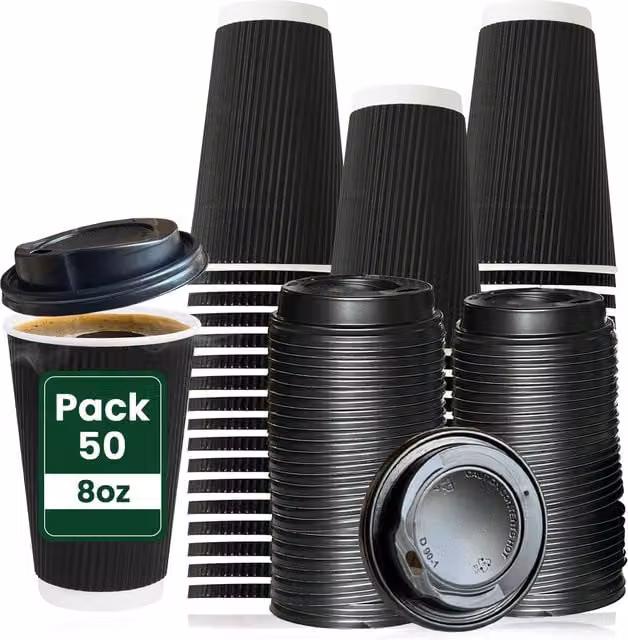 ECONX Disposable Kraft Paper Coffee Mugs with Lids, Black, 236.588 ml, Pack of 50