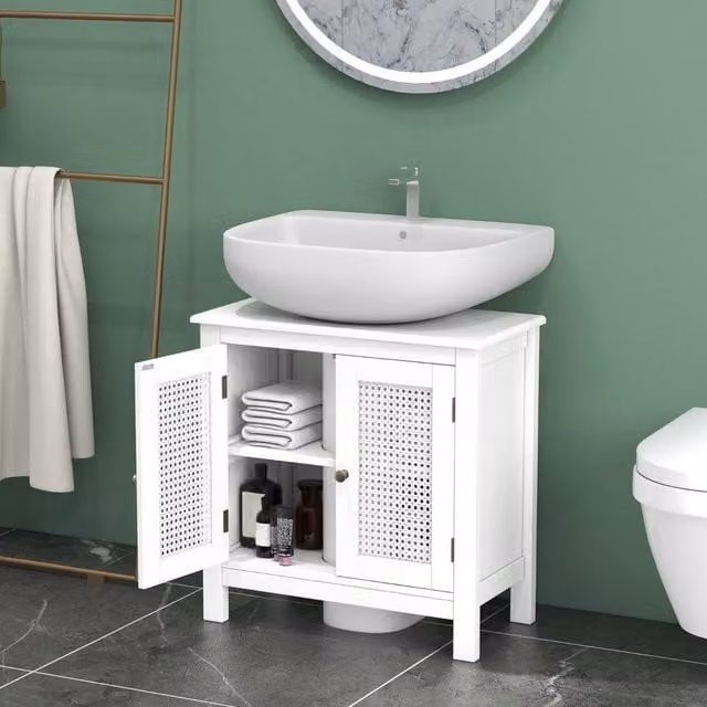 Costway White Pedestal Sink Storage Cabinet with 2 Rattan Hinged Doors and Internal Shelves – 1