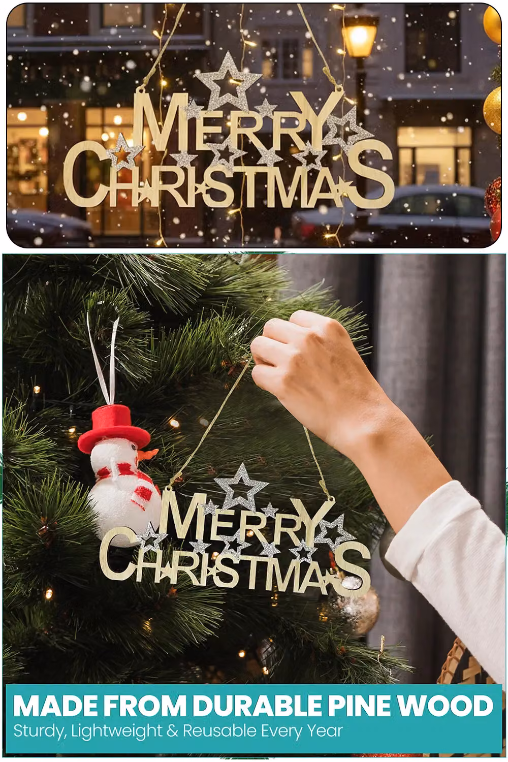 Neel Blue Rustic Wooden Merry Christmas Hanging Sign, W: 30 cm, H: 15 cm – 3