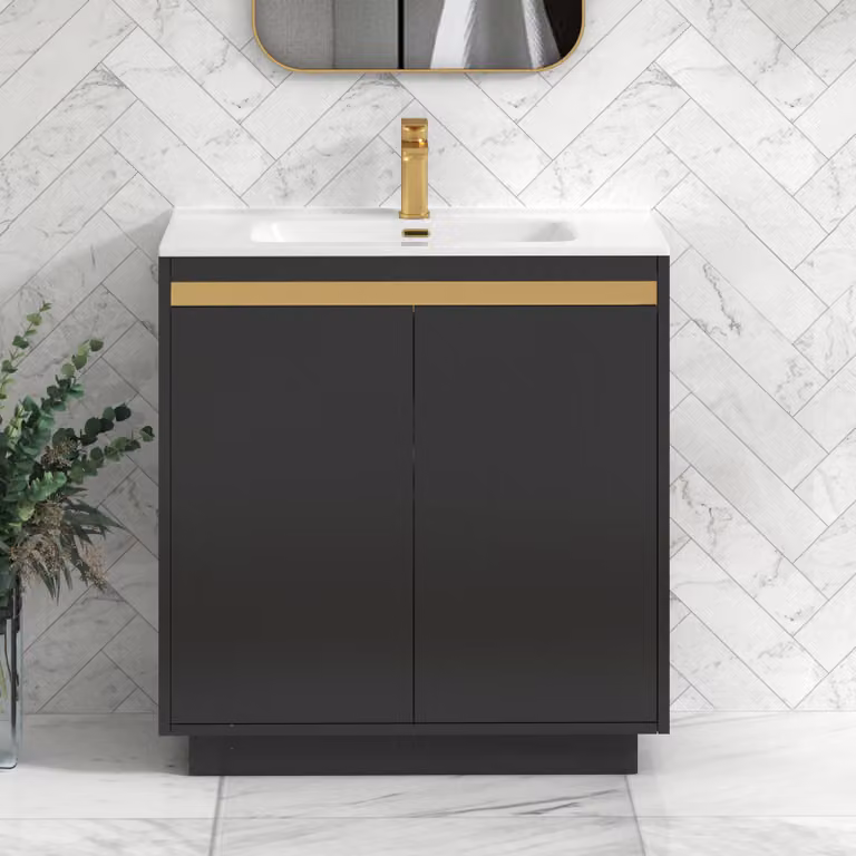 Royal Bathrooms Orion 800mm Matt Obsidian Black 2 Door Floor Standing Vanity Unit with Ceramic Basin and Brushed Brass Accent Trim