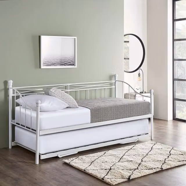 Home Treats Single Metal Trundle Day Bed in White, 90 x 200 cm