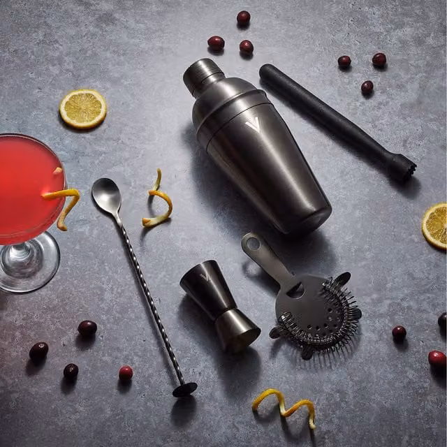 VonShef 5 Piece Stainless Steel Manhattan Cocktail Shaker Set with Accessories in Anthracite Grey