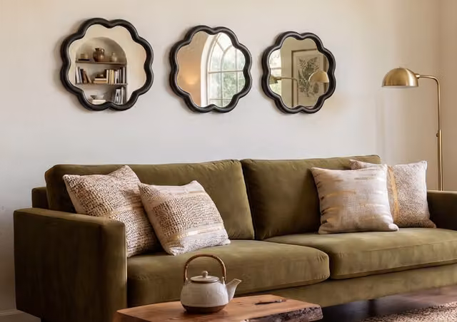 DEENZ Set of 3 Round Wavy Gold and Black Plastic Wall Mirrors, Diameter: 25 cm