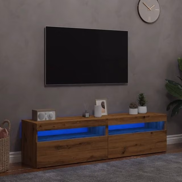 Berkfield Home Set of 2 Artisan Oak TV Cabinets with LED Lights in Brown