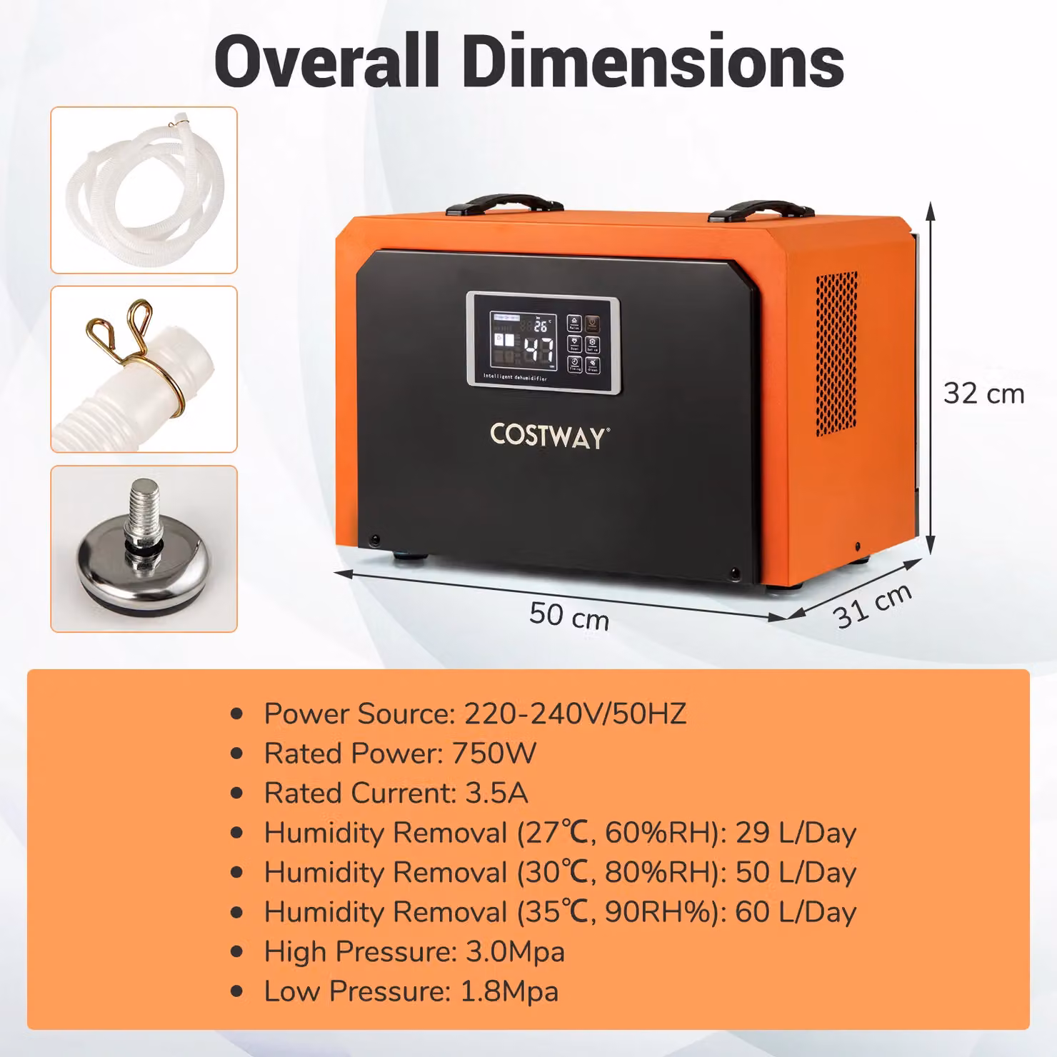 Costway 60L Commercial Crawl Space Dehumidifier with Drain Hose, Orange – 3