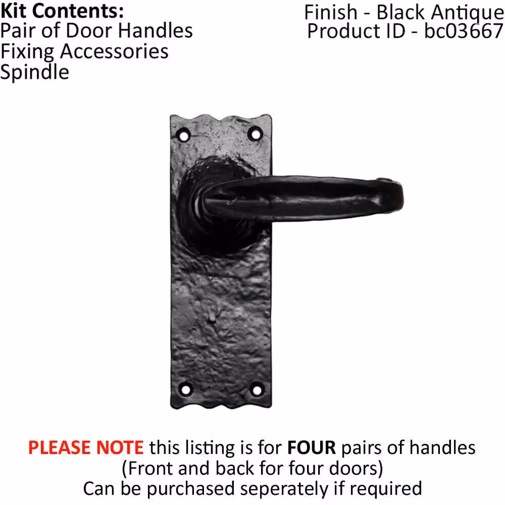 Loops 4 Pairs of Forged Straight Lever Handles with Latch Backplate, Black Antique, W: 15.5 cm, H: 5.7 cm – 2