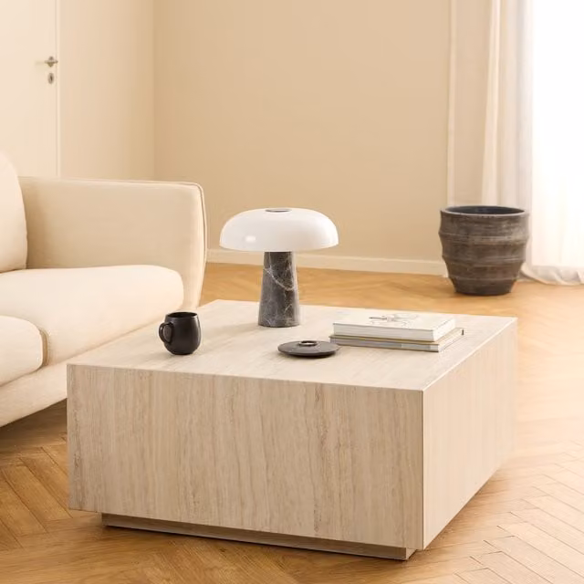Dice Square Coffee Table in Beige Travertine Effect by Furniture To Go, W/D/H: 90 x 90 x 42 cm
