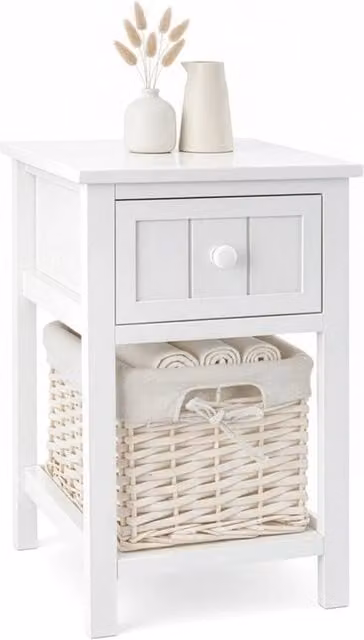 VOGREX Shabby Chic Bedside Table with White Wicker Basket Drawer