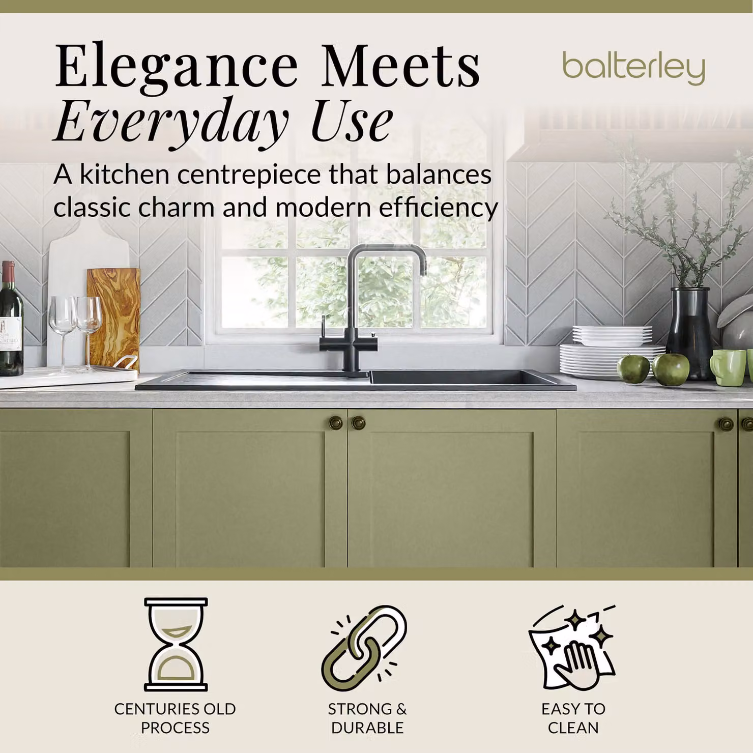 Balterley Reversible Single Bowl Composite Kitchen Sink with Drainer and Overflow, Matt Black, Width: 100 cm – 2
