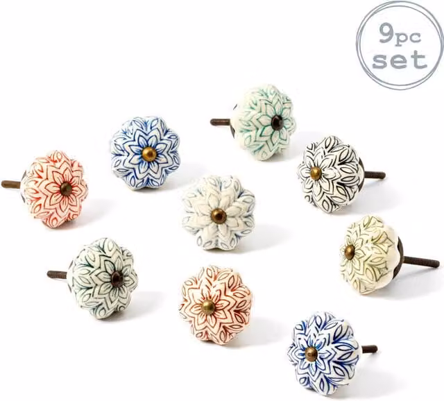 Nicola Spring Multicolour Floral Ceramic Cabinet Knobs, Pack of 9