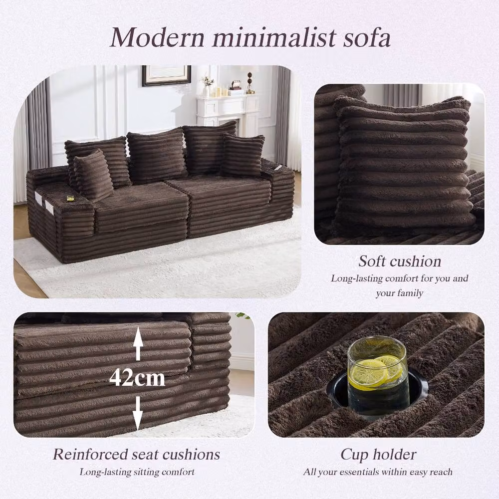 Rolipo Brown Corduroy Convertible Sleeper Sofa with Cup Holders and Storage Pockets, W/D/H: 140 x 190 cm – 6