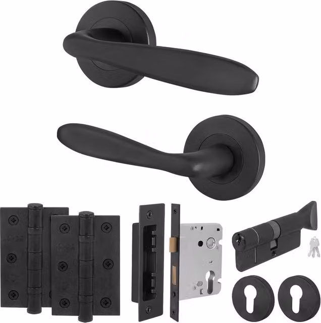 AFIT Black Euro Cylinder Door Handle Lock and Hinges Complete Set, H x W: 15.0 x 15.0 cm – 1