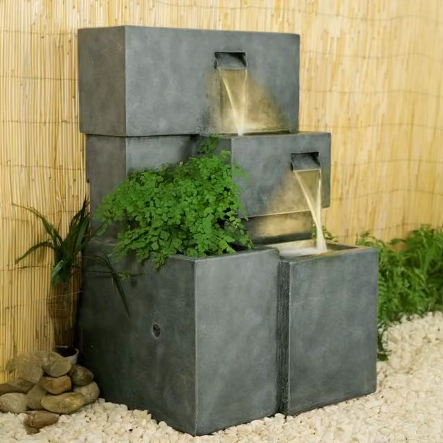 Primrose Higgledy Grey Stone Effect Rectangular Trough Water Feature and Planter with Lights