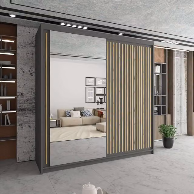 Sliding Wardrobes 4U Sleek Grey Mirror Sliding Wardrobe with LED Lighting W: 150 cm, H: 217 cm