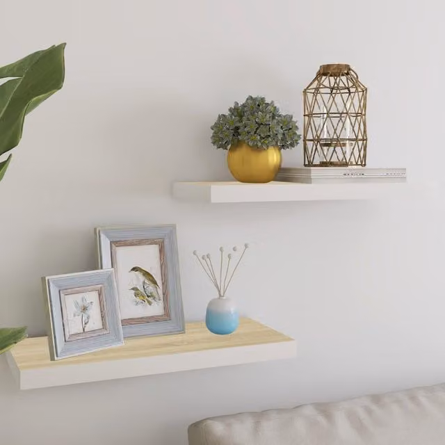 Berkfield Home Floating Wall Shelves, 2 Piece Set in Oak and White, W: 60 cm, D: 23.5 cm, H: 3.8 cm – 1
