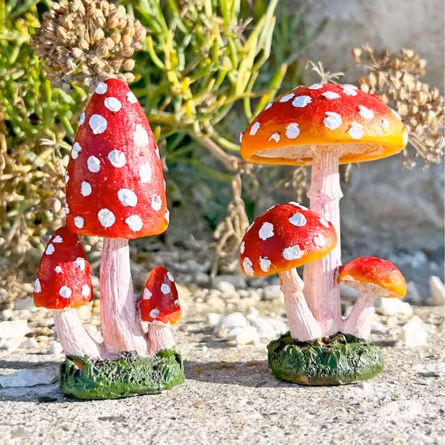 Farmwood Pair of Triple Stem Red Dotted Garden Mushroom Ornaments in Resin