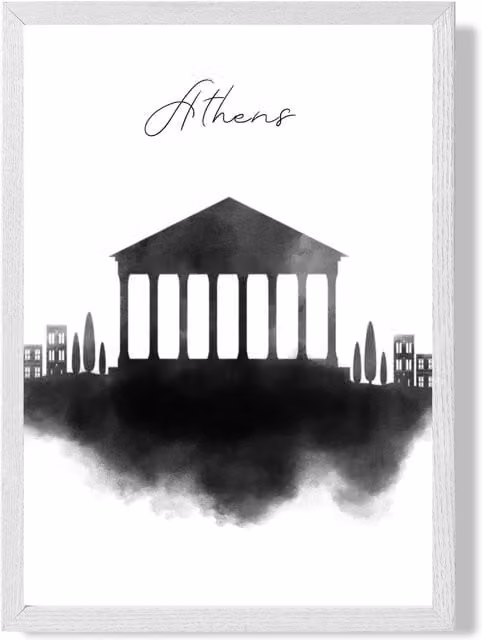 ARTZE Athens Watercolour Skyline City Framed Print in Black and White, A3