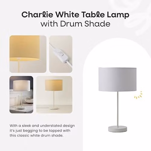 ValueLights White Metal Single Stem Table Lamp with Navy Blue Fabric Drum Lampshade and Included LED Bulb