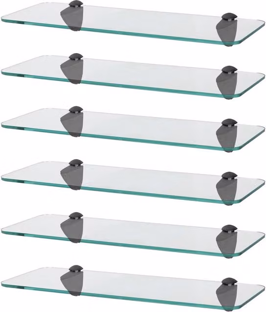 Harbour Housewares Set of 6 Rounded Floating Glass Shelves in Black and Transparent, Width: 40 cm