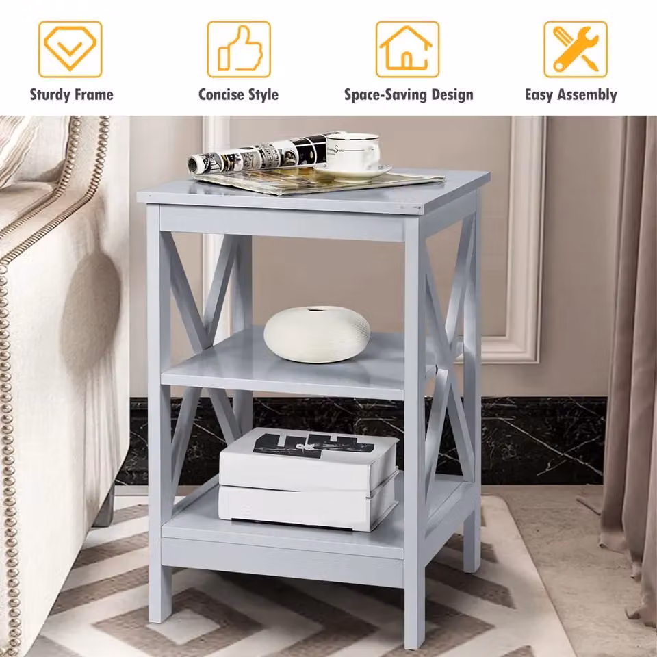 Costway 3-Tier Grey X-Design Nightstand and Side Table – 2