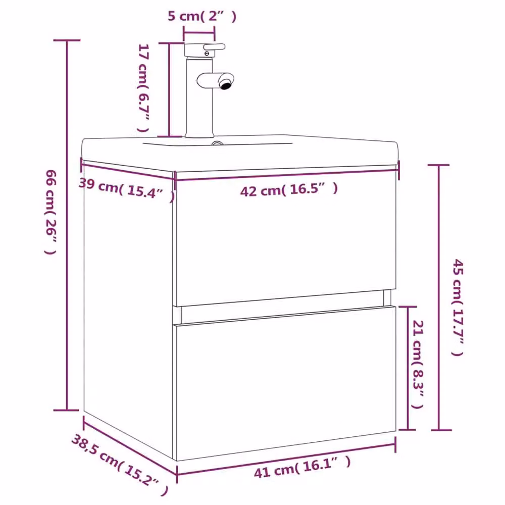 Berkfield Home Wall Mounted Bathroom Sink Cabinet with Built-in Basin in Smoked Oak Brown, W/D/H: 45.0 x 38.5 x 41.0 cm – 3