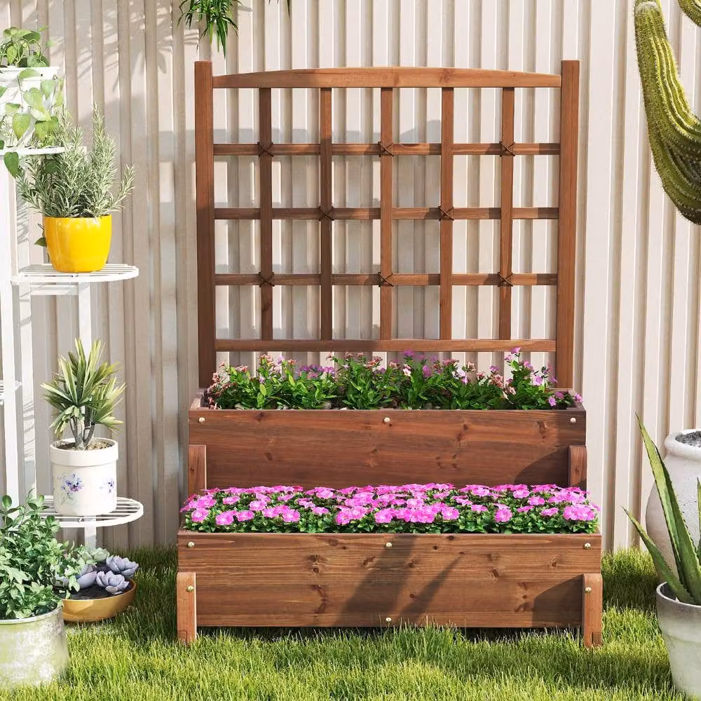 Costway 2-Tier Wooden Raised Garden Bed with Lattice Trellis in Brown, W/D/H: 121 x 67 x 67 cm – 8