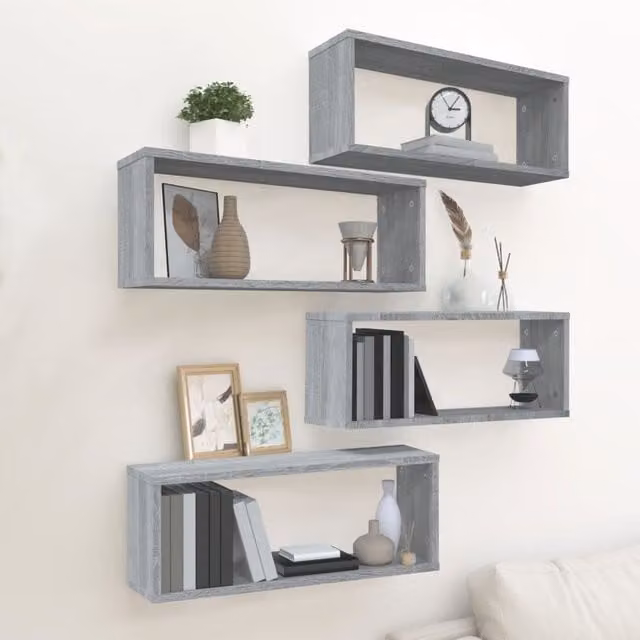 Berkfield Home Wall Mounted Cube Shelves, 4 Piece Set in Grey Sonoma, W: 60 cm, D: 23 cm, H: 15 cm