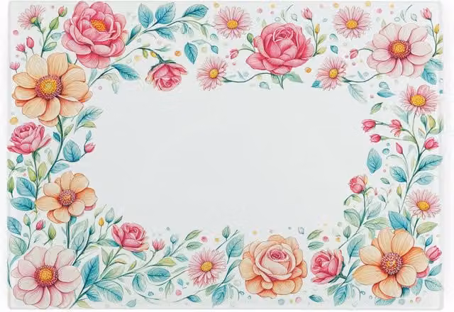 Purely Home Pink Floral Border Smooth Glass Worktop Saver Rectangular Small Chopping Board in Pink and Multicolour