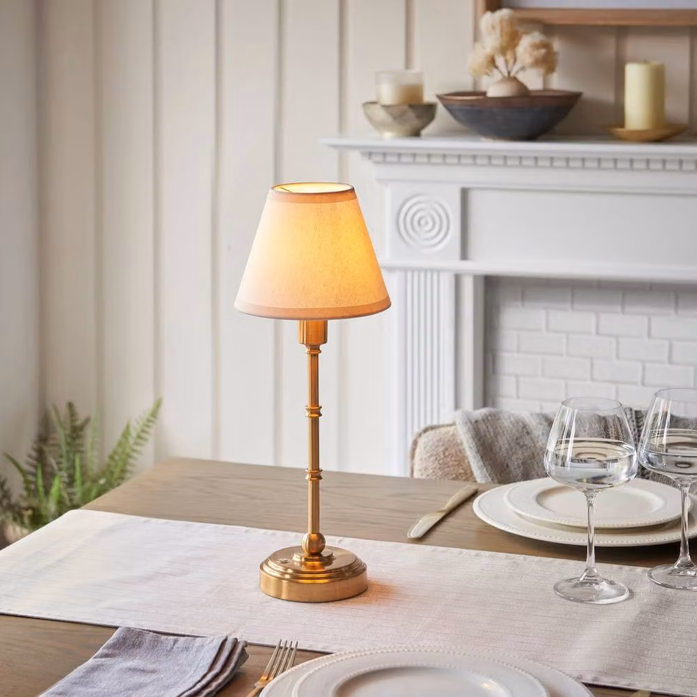 Netlighting Burley Rechargeable LED Table Lamp with White Fabric Shade and Gold/Brass Base – 2