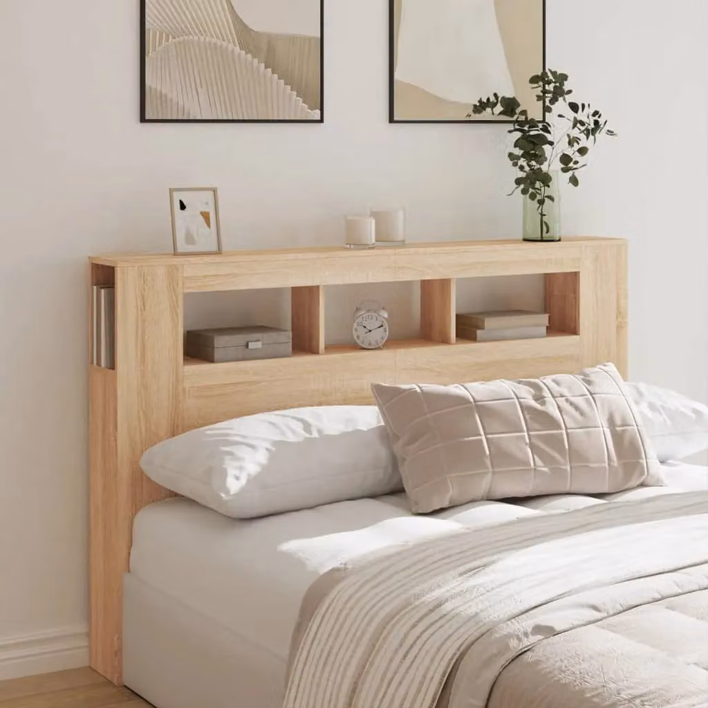 Berkfield Home Sonoma Oak LED Headboard in Brown with Integrated Lighting, Shelf and USB Charging Port, W/D/H: 160 x 18.5 x 103.5 cm – 2