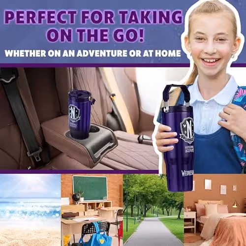 Get Trend Wednesday Insulated Metal Travel Tumbler with Flip Up Straw and Handle, 850ml, Purple – 3