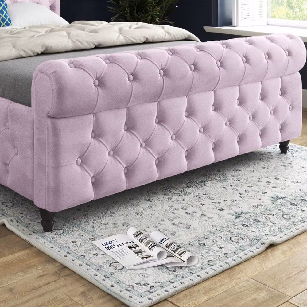 KDMD Tickencote Sleigh Upholstered Designer Bed Frame in Pink Soft Velvet, Size: Small Double (W: 120 cm x L: 200 cm) – 4
