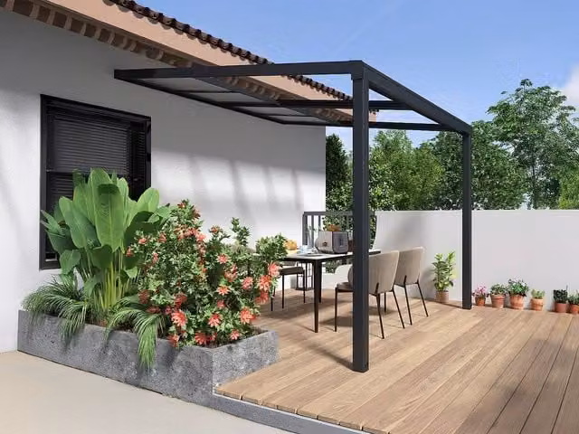 EXPERTLAND Wall-Mounted Lean-To Aluminium Pergola with Sliding Polycarbonate Roof, Anthracite Grey, W/D/H: 300 x 300 x 254 cm