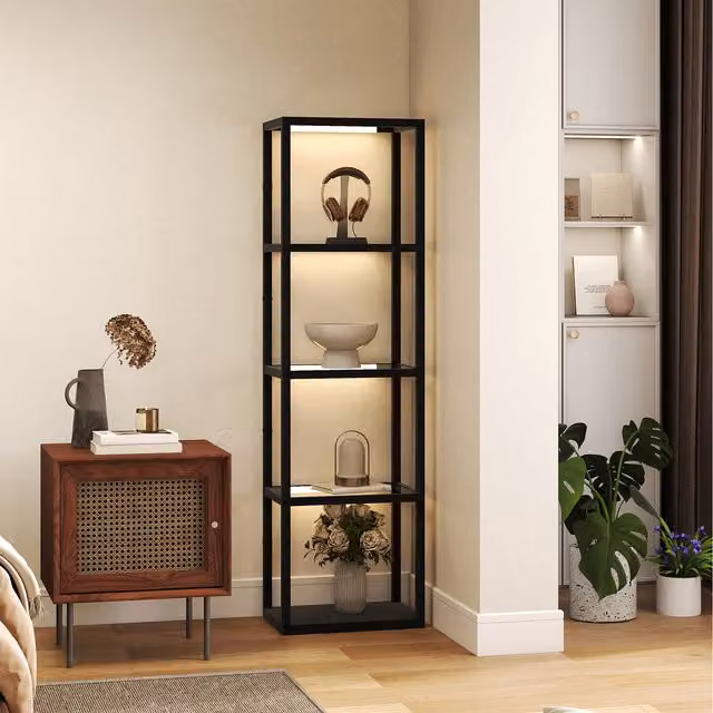 HOMCOM Dimmable LED Floor Lamp with Glass Shelves in Black