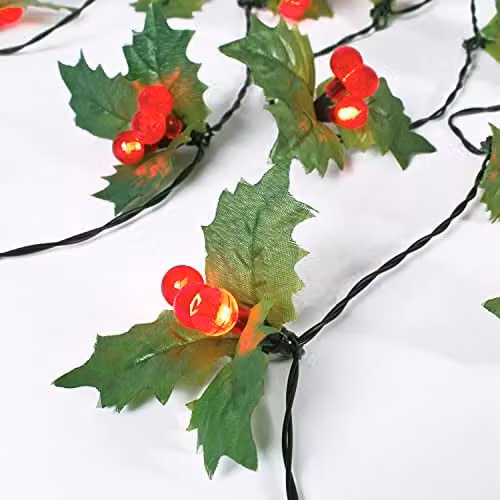 The Christmas Workshop 20 Holly Sprig String Lights with 60 LED Lights in Green, Battery Operated