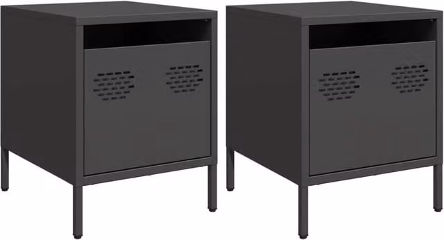 Berkfield Home Set of 2 Black Steel Bedside Cabinets, W/D/H: 35 x 39 x 43.5 cm