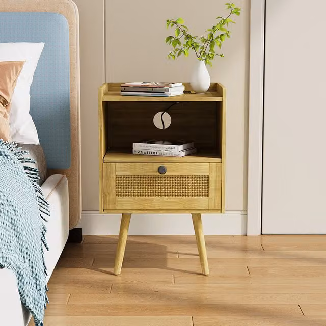 Livingandhome Set of 2 Scandinavian Style Bedside Cabinets with Rattan Detail in Brown Wood