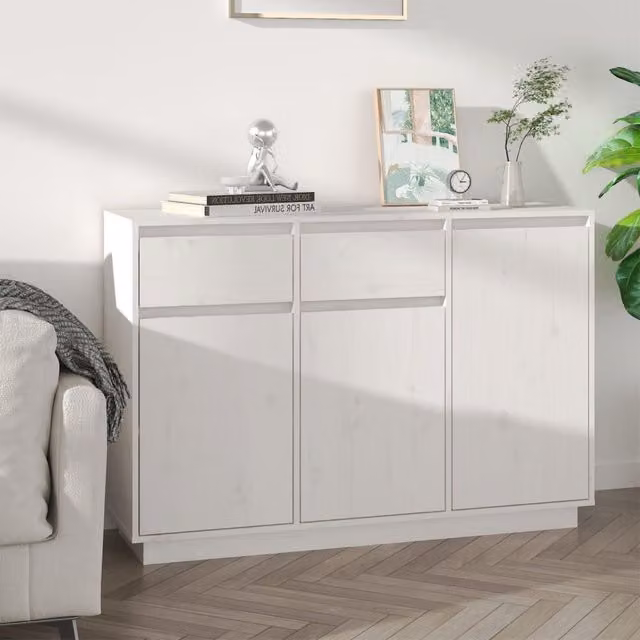 Berkfield Home White Rustic Solid Wood Pine Sideboard W: 110 cm, D: 34 cm, H: 75 cm