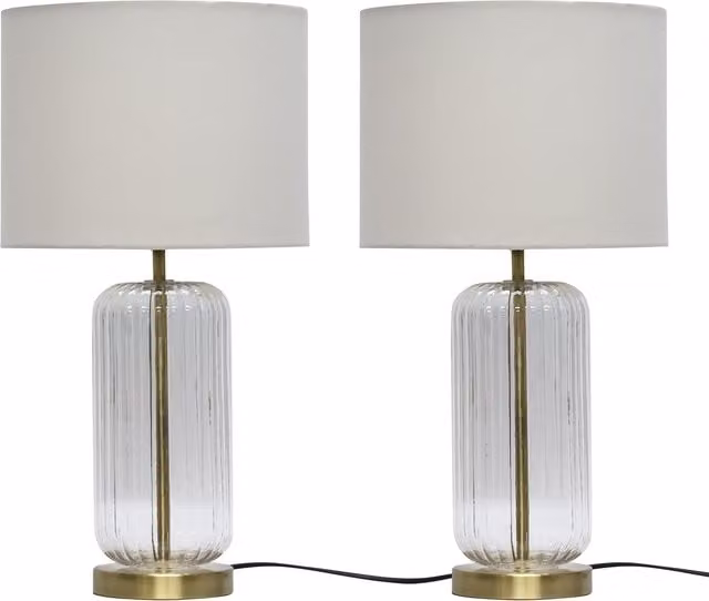 First Choice Lighting Set of 2 Walpole Fluted Glass and Brass Table Lamps with Beige Fabric Shades in Bronze